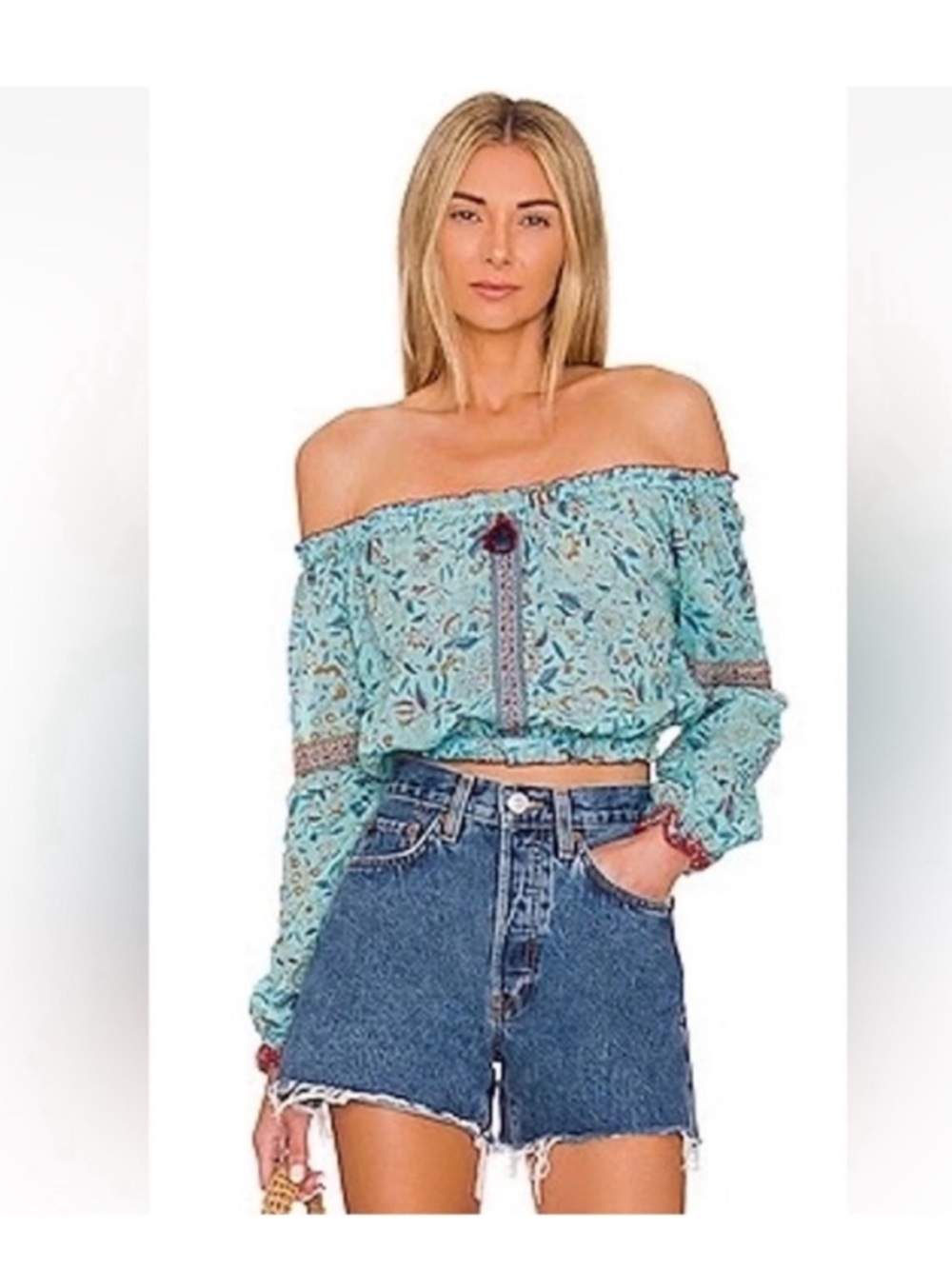 Poupette St Barth Nana Blue Floral Cropped Elastic Long Sleeve Top Medium